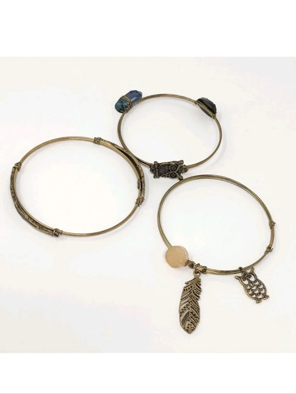 Boho Bangles Set of 3 Gold Bronze Tone Bracelets Wire Wrap Charms Feathers Owls